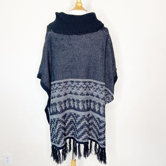 Indigo Black Button Side Fringe Cowl Neck Poncho L - Picture 7 of 11